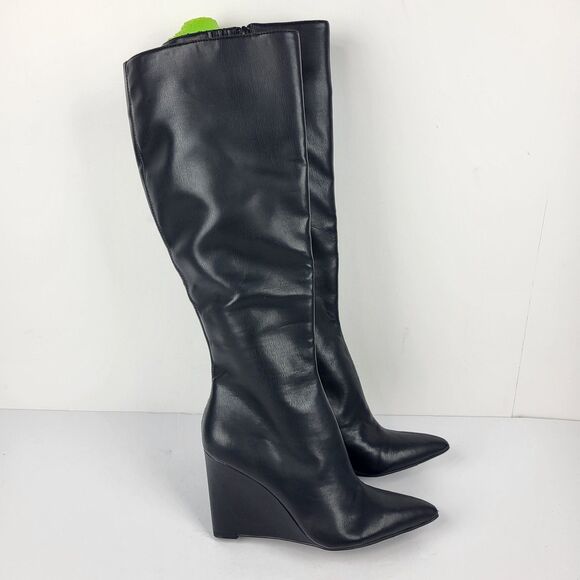 Open Edit Erik Knee High Wedge Boots Faux leather Black Size 8M - Picture 2 of 15